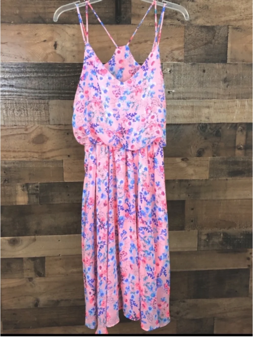 My Story Pink Floral Midi Dress with Blue Floral Print